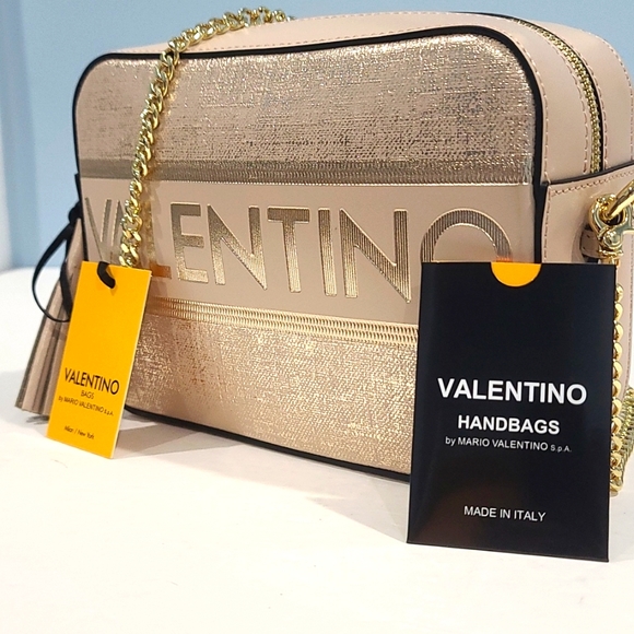 🆕VALENTINO  Babette Logo Gold Linen Textured Leather Shoulder Bag $950 NWT - Picture 8 of 14
